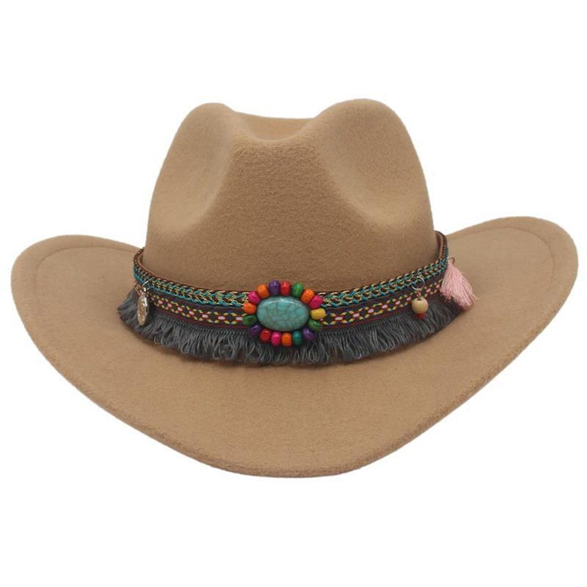 Cowboy Hat Ethnic Style Beaded Fedora Hat Woolen Top Hat for Men Women Camel