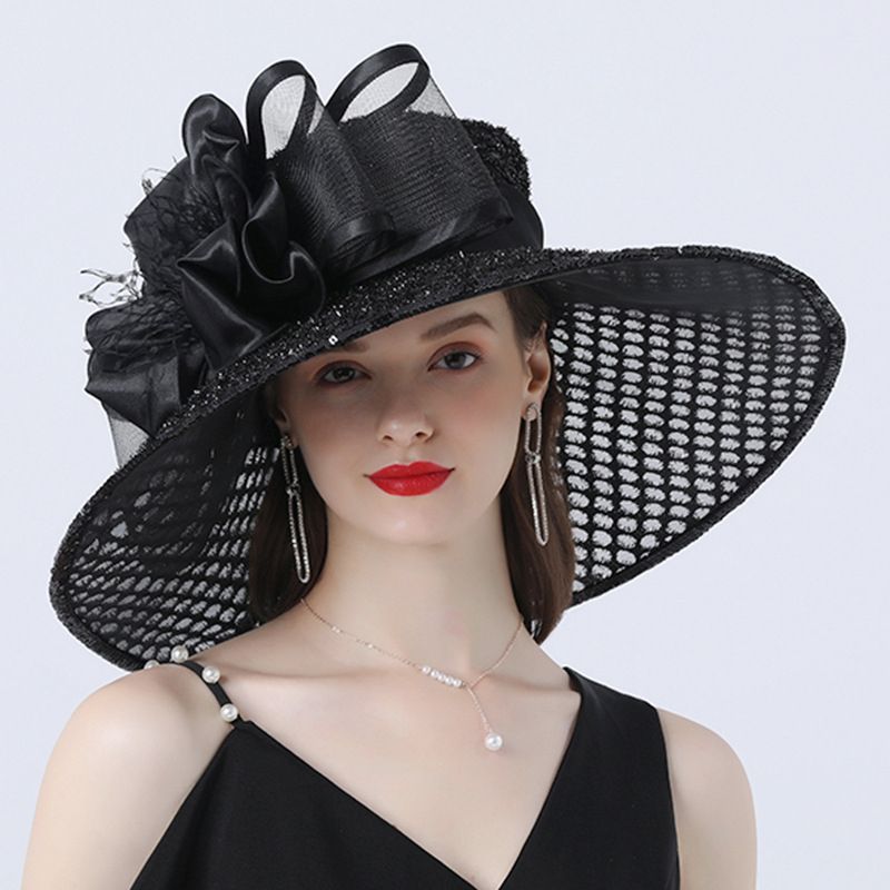 （Black）Women 16cm Wide Brim Flower Mesh Sun Hat Lady Bow Summer Beach Hat Church Derby Dress Fa RA