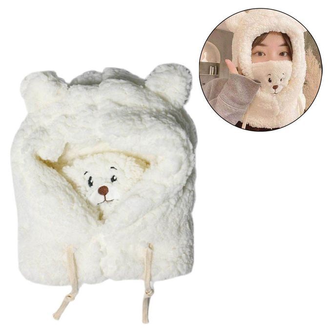 Plush Hoodie Scarf Thick Cartoon Bear Warm Hat Scarf Face Mask White