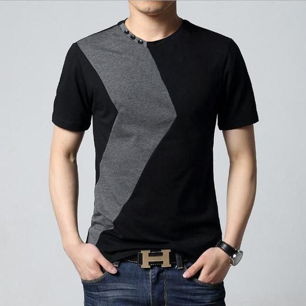 Button Designed Black Grey Contrast Round Neck T-Shirt