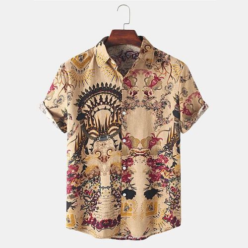 Men's Vintage Printed Ethnic Short Sleeve Shirts Cotton - Multicolor
