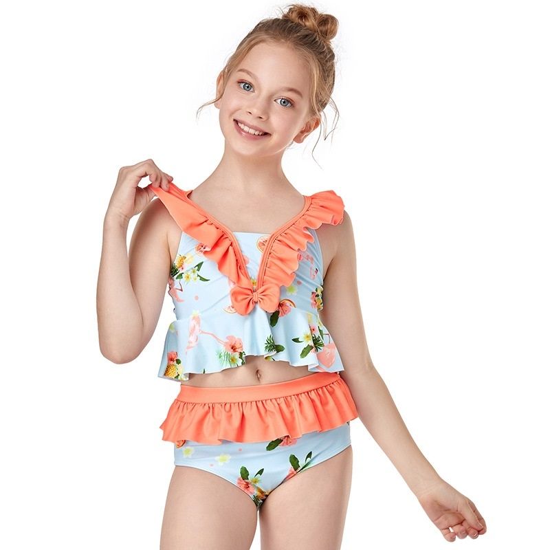 Small Flounce Print Swimwear + Swimming Trunks Baby Girls Split Swimsuit Set (Orange Size:152)