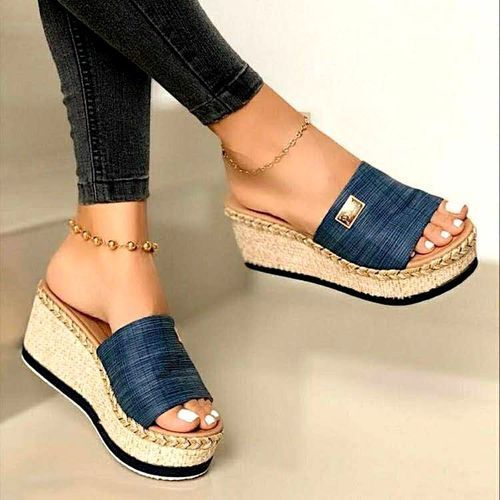 Big Size Ladies Fish Mouth Cloth Wedge Sandals-Blue