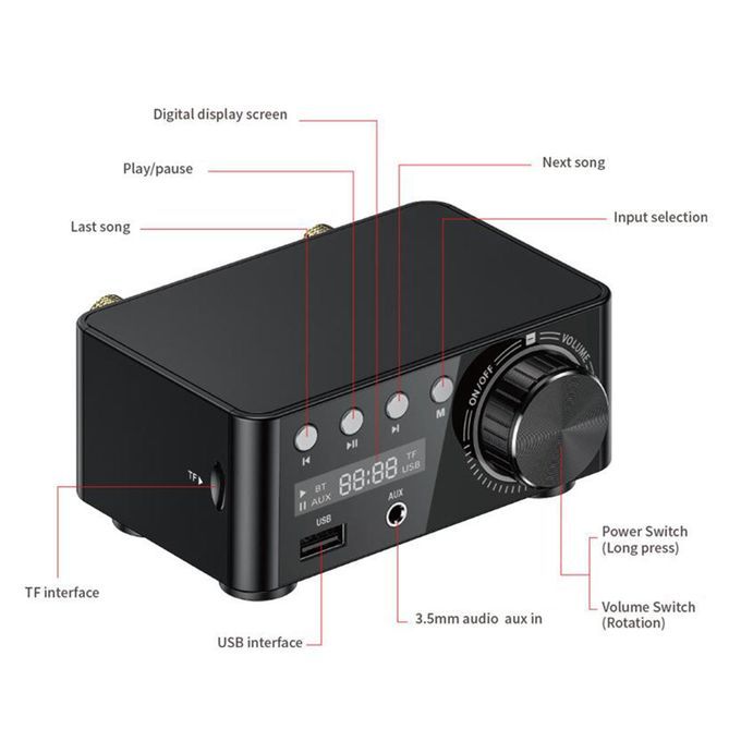 Powerful 100W Bluetooth 5.0 2.0 Channel Hi-Fi Power Amplifier Silver