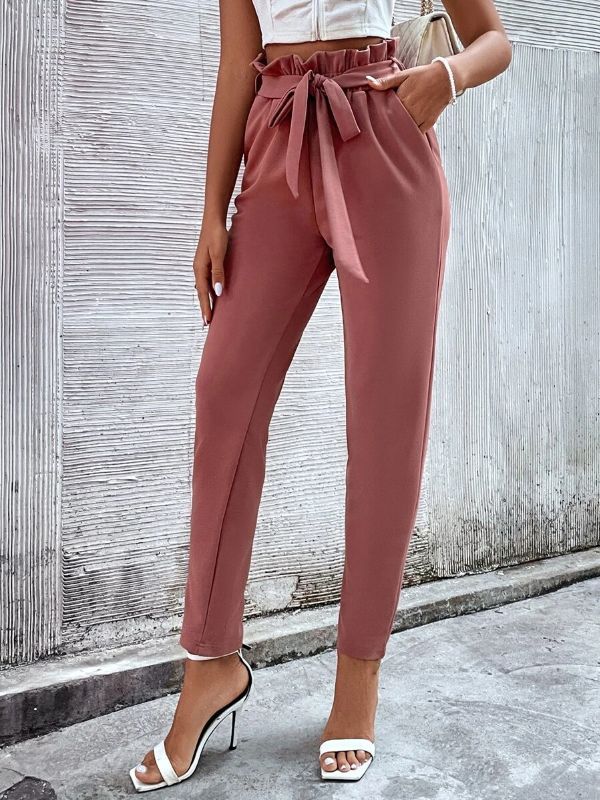 Women Corporate Office Wear Straight High Waist Belted Cropped Pant Trousers