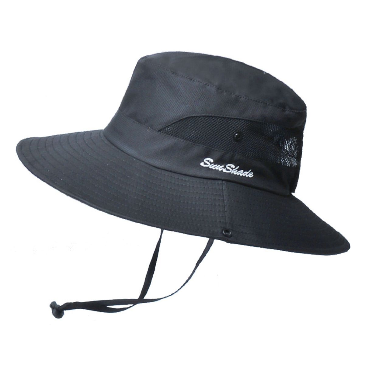Bucket Hat   Fixed Rope Wide Brim Ponytail Black