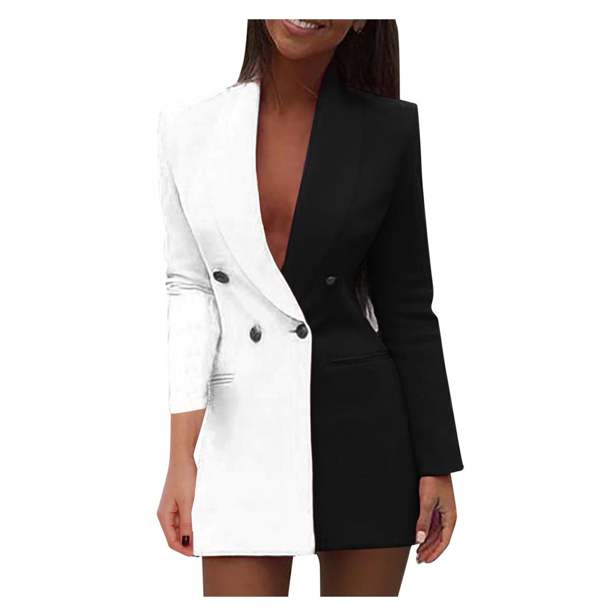 Elegant V Neck Office Lady Suit Dress Long Sleeve Colorblock Casual Blazer Black