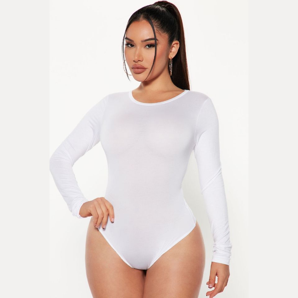 Long Sleeve Round Neck Bodysuit - White