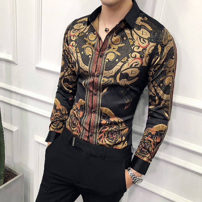 Men's Vintage Long Sleeve Printed Fashion Shirt Top - Black