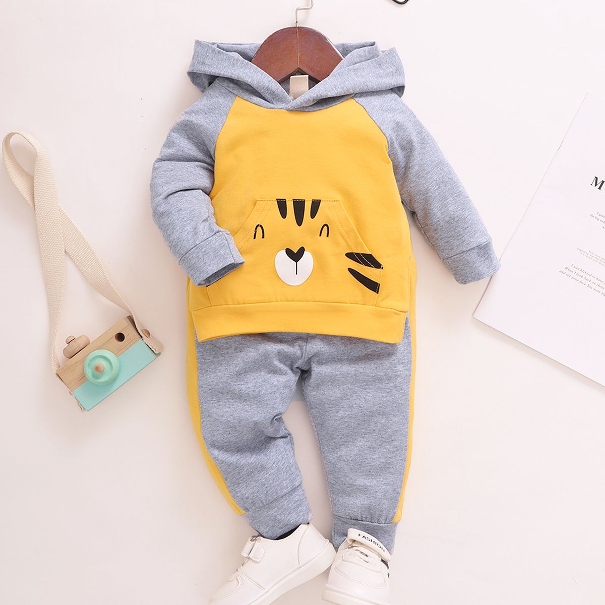 Baby Boys Cartoon Tiger Face Long Sleeves Hoodie With Pants -Grey