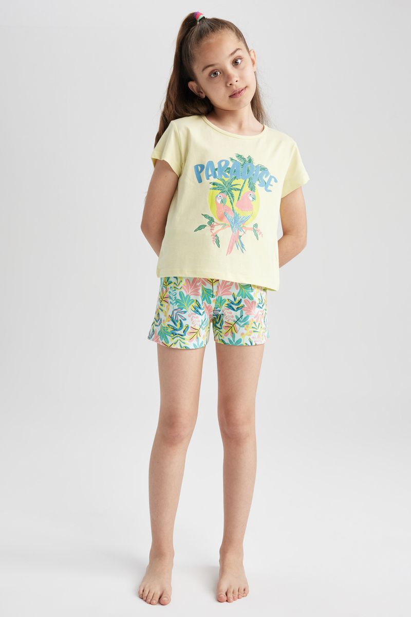 2 Piece Girl Special Collection Regular Fit Short Sleeve Knitted Pyjamas - Yellow