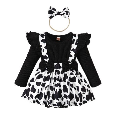 0-24Months Baby Girl Ribbed Cow Pattern Bodysuit+Headwear