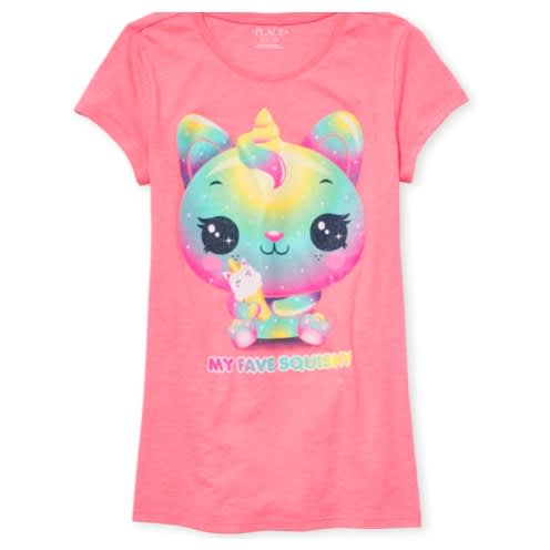 Girl's Glitter 'my Fave Squishy' Rainbow Caticorn Top- Neon Pink