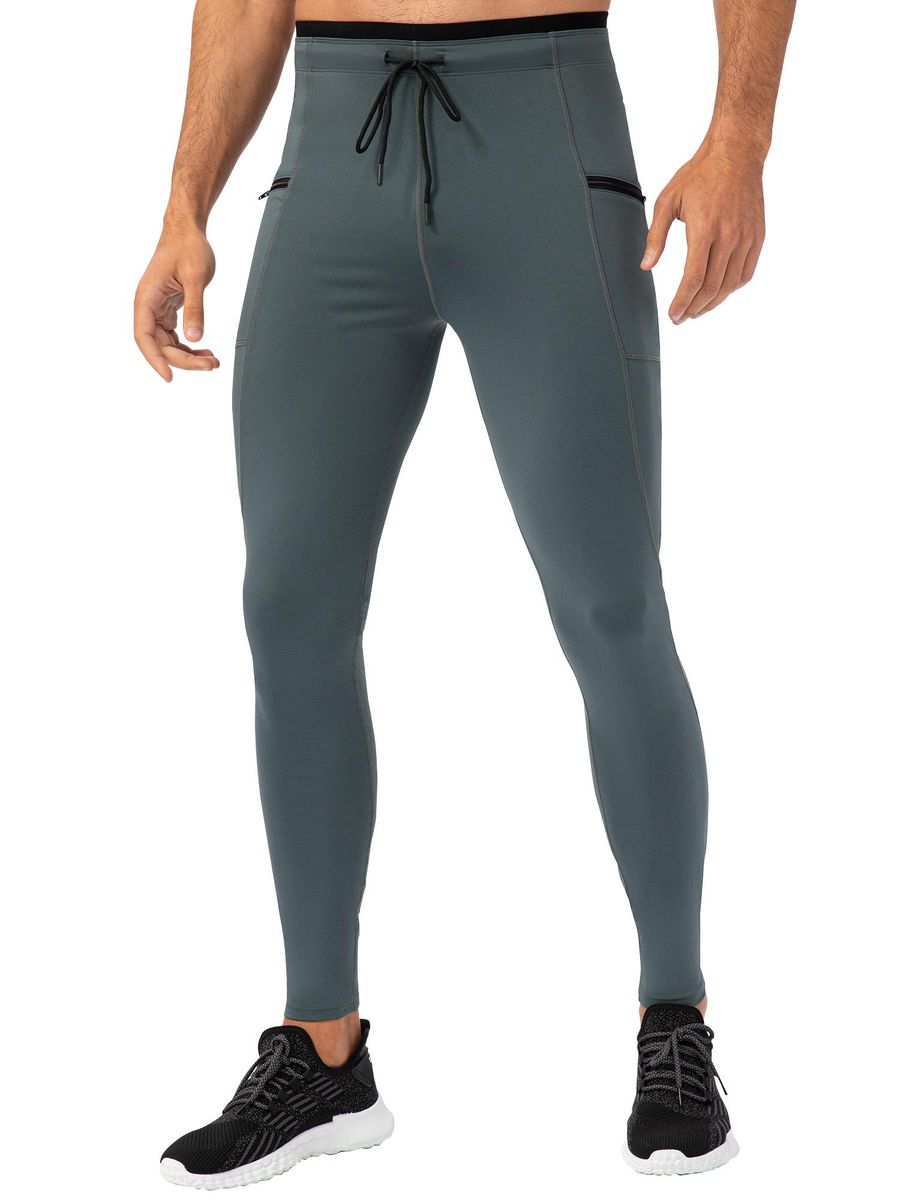 Men Sports Tights with Pockets Elastic Waist Drawstring Tapered Running Leggings