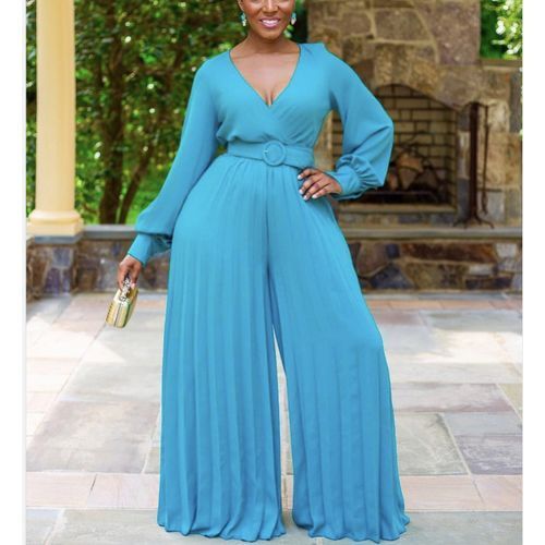 Women Loose Long Sleeve Wide Leg Jumpsuit Blue