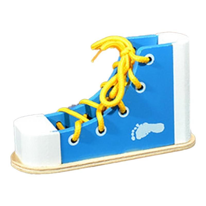 Tie Shoelaces Threading Kid Handicraft Educational Wooden Toy Wood for 3 4 6 10 Year Old Boy Girl -Blue