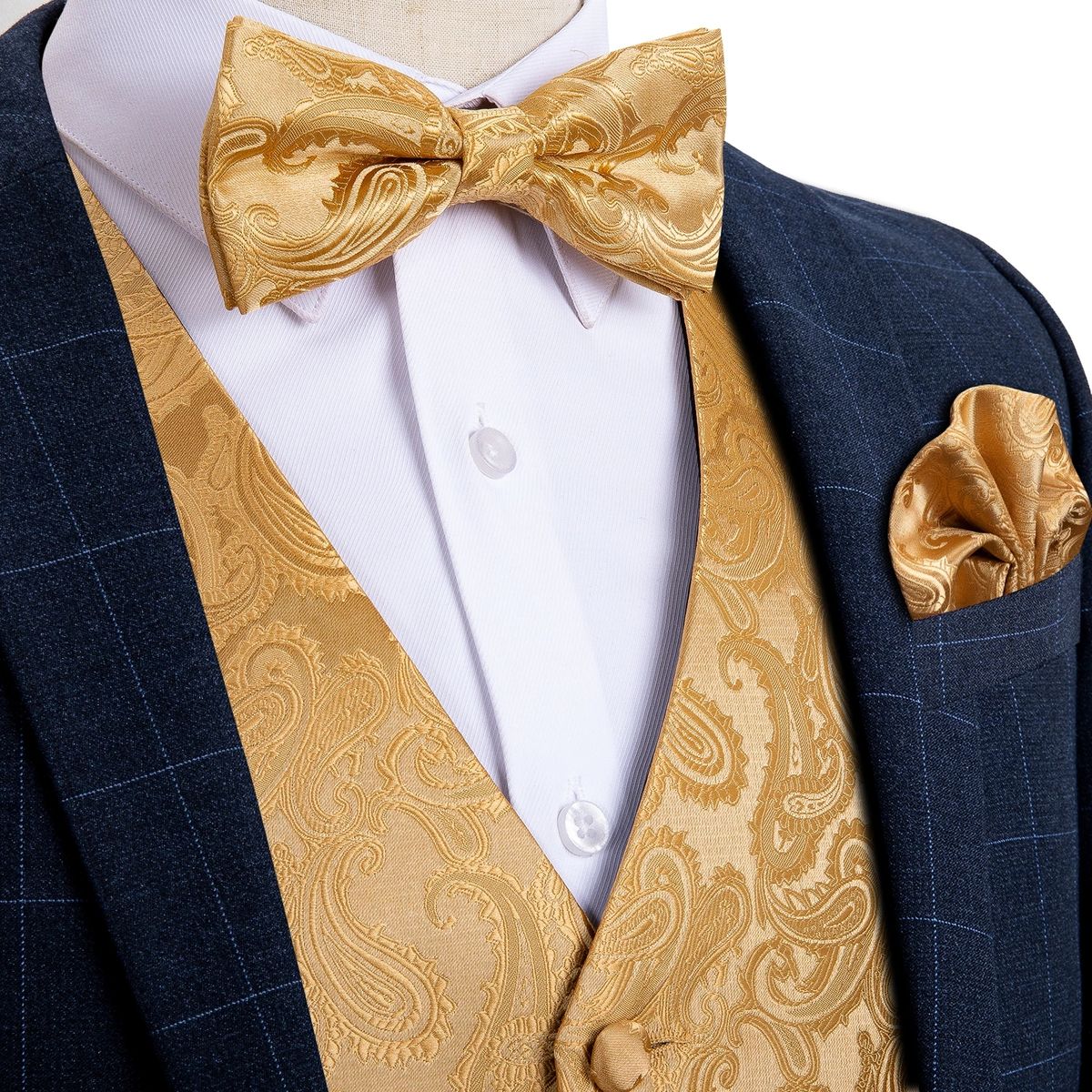 (MJ-0112)Formal Dress Gold Blue Black Paisley Wedding Suit Vest Formal Business Men Tuxedo Waistcoat Vest Suit Bow Tie Set DiBanGu DOU