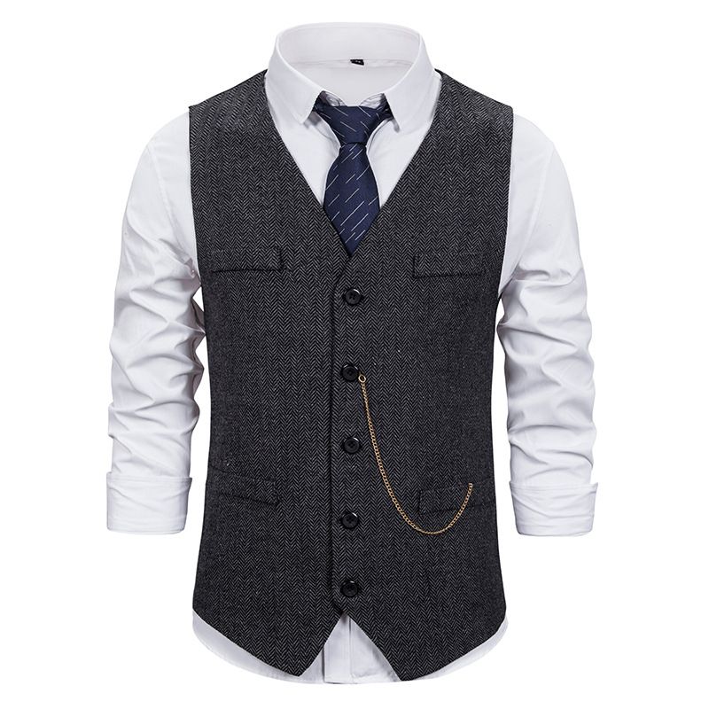 Suit Vest Mens Single Breasted Formal Dress Vest Wool Herringbone Tweed Waistcoat Vest Male Business Wedding Prom Vests Black