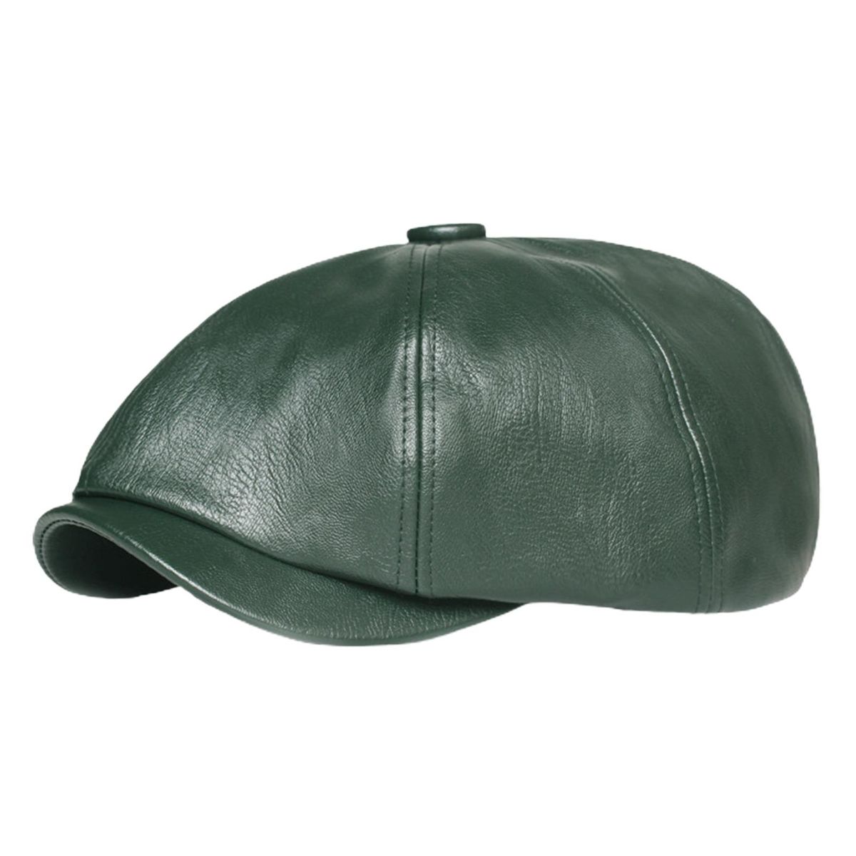 Beret Hat Plain Octagonal Newsboy Faux Leather Cap Green