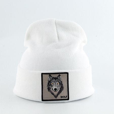 Mens Beanie Animal Wolf Embroidery Winter Hats Knitted Beanies For-wolf White