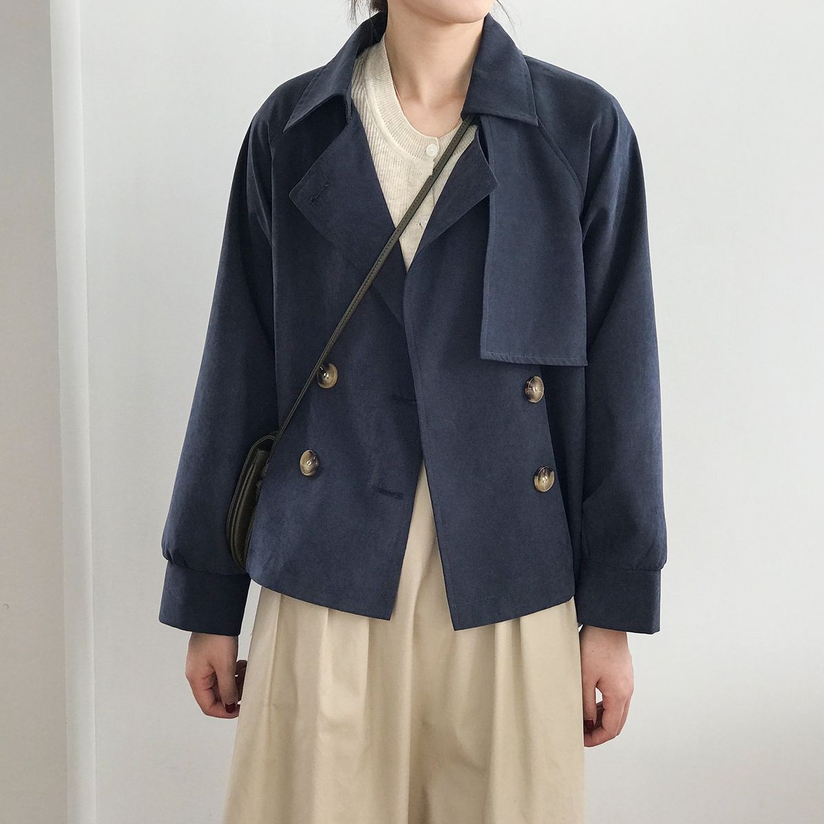 Ladies Retro Short Loose Windbreaker Jacket - Navy Blue