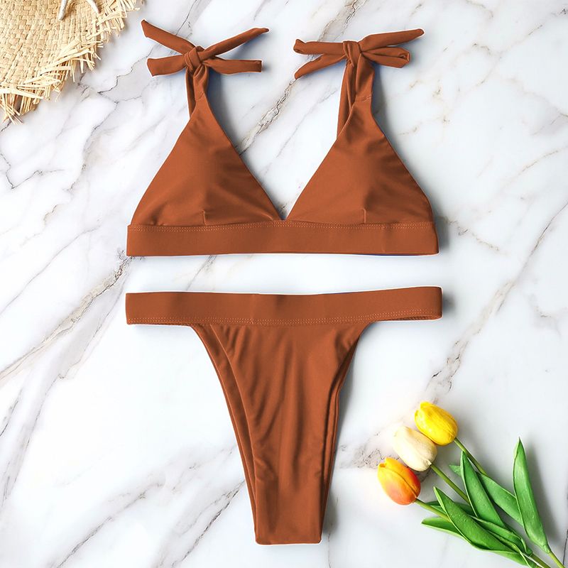 New High Waist Bikini Women Swimsuit Push Up Swimwear Solid Halter Bikini Set Brazilian Bathing Suit Swimming Wear Female Brown KIP
