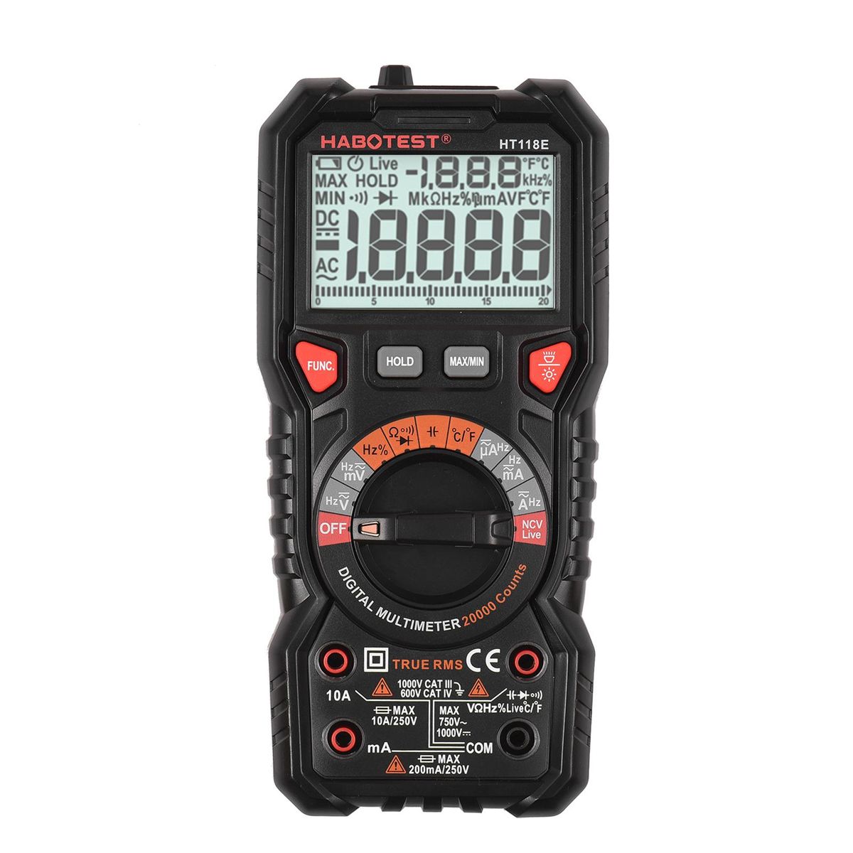HABOTEST HT118E Digital Multimeter Auto Range Multi-meter 20,000 Counts True RMS Measuring AC/DC Voltage & Current Resistance Capacitance Frequency Temperature Continuity Duty MAX/MIN Mesaurement Live & NCV Test Diode with LC