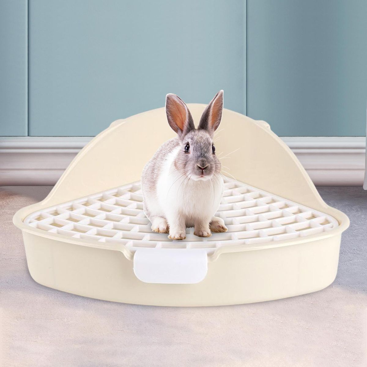 Triangle Medium Rabbit Litter Box, Corner Toilet With Grid Potty White
