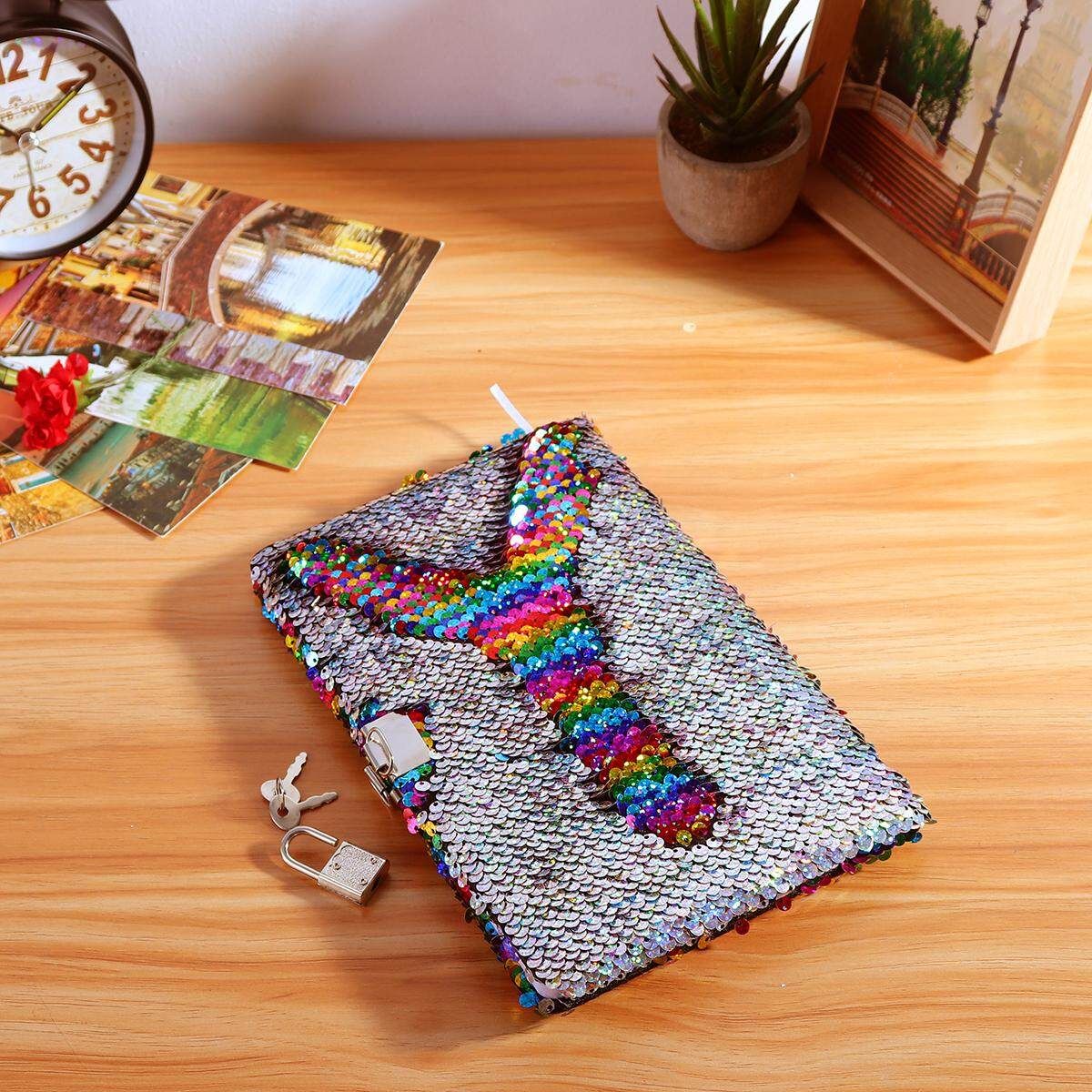 Kid Girls Magic Reversible Sequin Notebook Diary Lined A5 Journal W/ Lock & Key Seven Colors