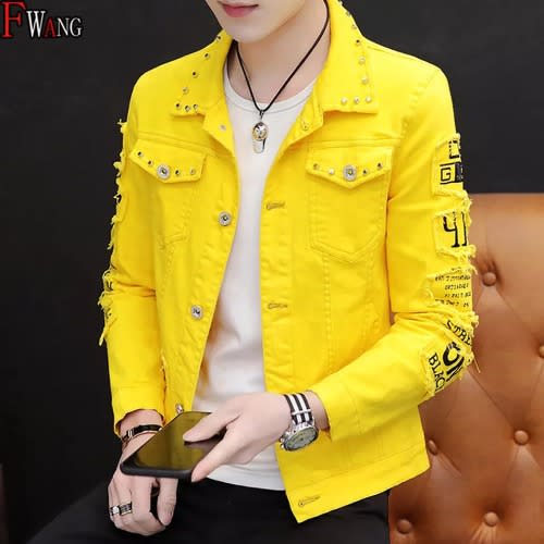 Men's Denim Jackets  Rivets Ripped Denim - Bomber Yellow