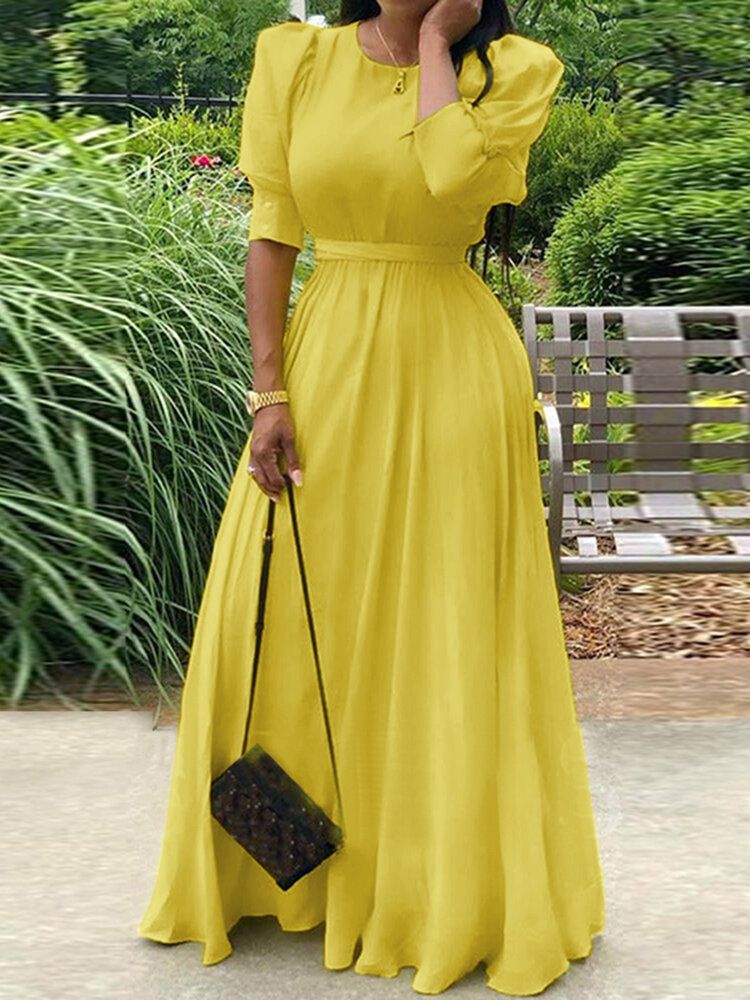 Women Solid Puff Sleeve Button Cuffs Ankle Length Retro Midi Dresses-Yellow