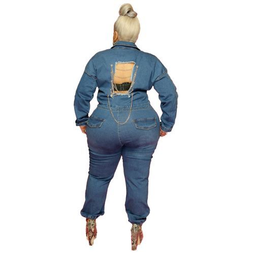 Ripped Chain Waist Long-sleeved Women Jean Jumpsuit Plus Size One-piece