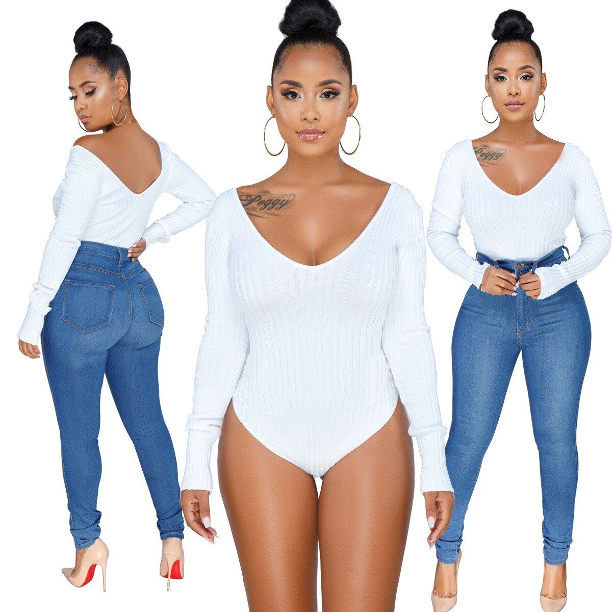 Sexy Bodysuits Women Rib Knitted V-Neck Long Sleeve Beach Playsuits Bandage Jumpsuits Ladies Rompers PlSize(#White)