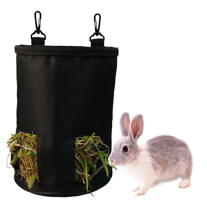 Hanging Hay Feeder Bag Pouch Eating Dispenser Rack For Rabbit Black