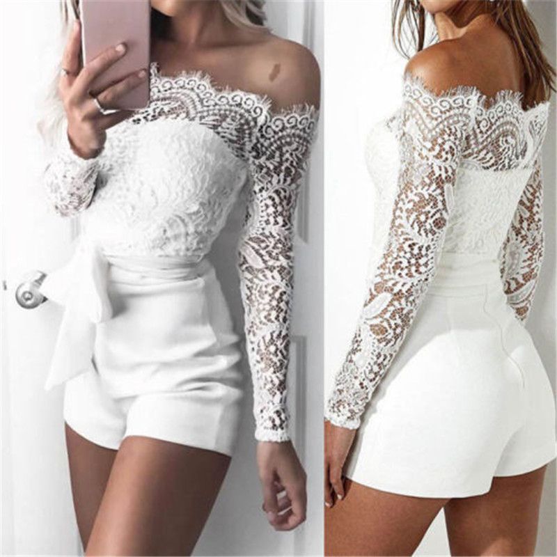 Women's Ladies Spring Summer Bodysuit Off Shoulder Long Sleeve Lace Ladies Streetwear Playsuit Romper Shorts Jumpsuit Overalls(#Black)