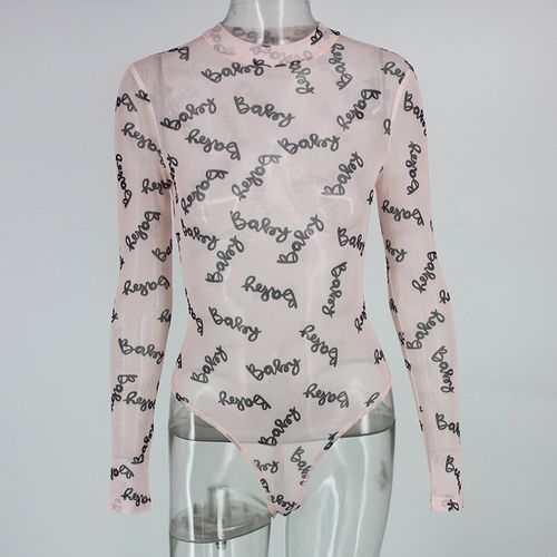 Letter Pattern Transparent Mesh Bodycon Bodysuit Rompers Womens Jumpsuit Full Sleeve Turtleneck Sexy Bodysuit Casual(#Nude)