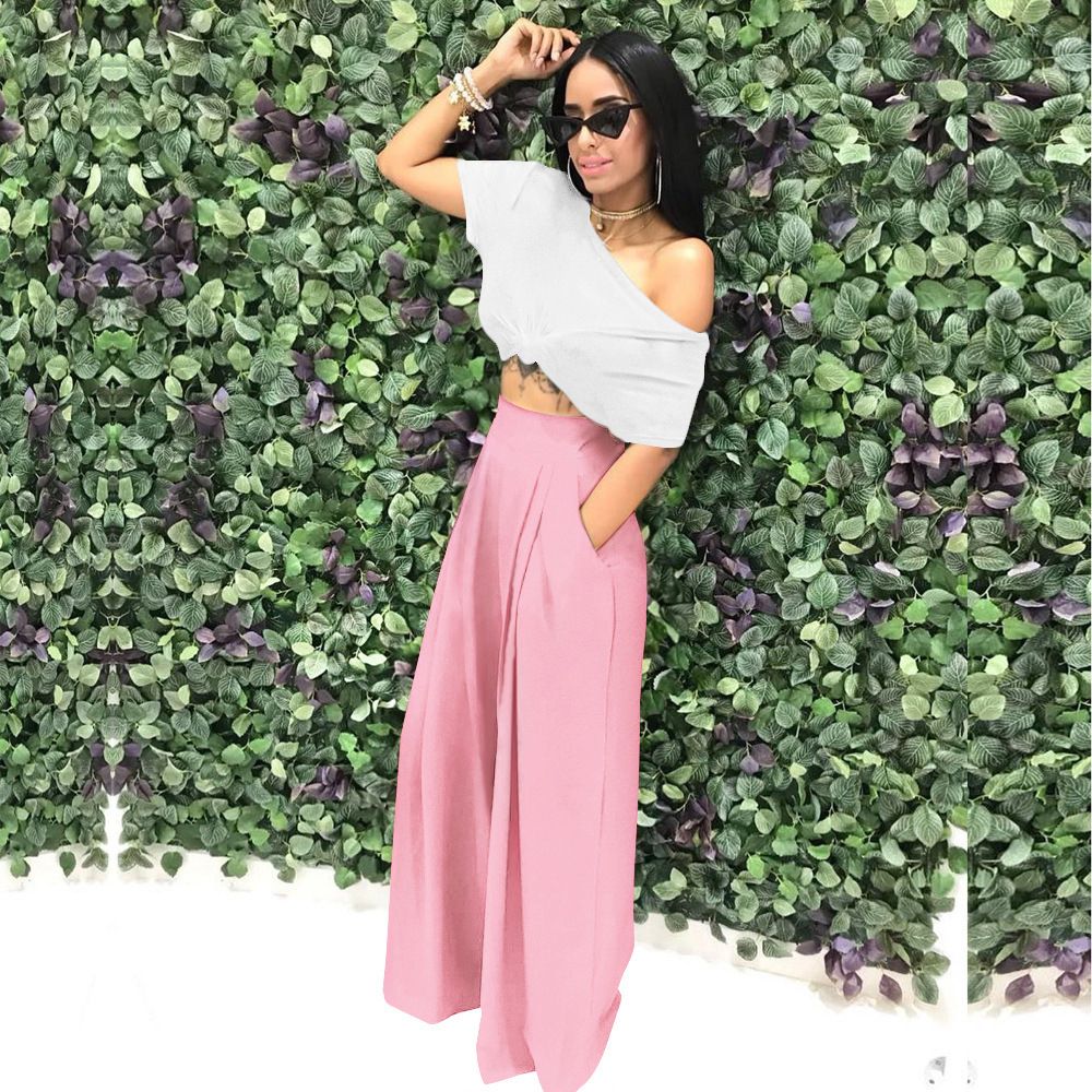 (Pink)Plus Size Pants Ankle-Length Pants  Office Lady Elastic Waist Wide Leg Pants Women Plus Size Clothing Flat Wholesale Dropshpping SAB