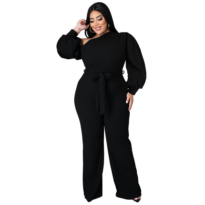 (Black)Plus Size Jumpsuit Women With Sashes  Salsh Neck Solid Color Chic Lantern Sleeve Ladies Long Rompers Wholesale Dropshipping SAB