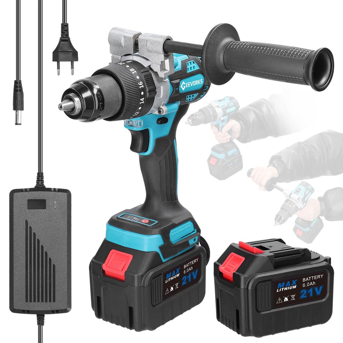 Household 3in1 Multifuctional 13mm Impact Drill 21V 120Nm Hammer Drill Mini Electric Screwdriver Rotation Ways Adjustment 20+1 Gears of Torques Adjustable