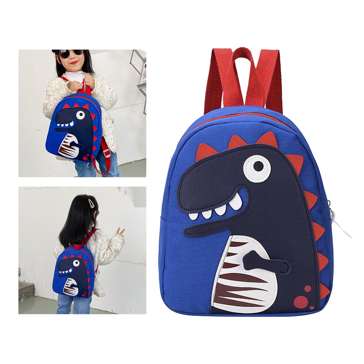 Children Cute Dinosaur School Bags Canvas Backpack For Storage Blue