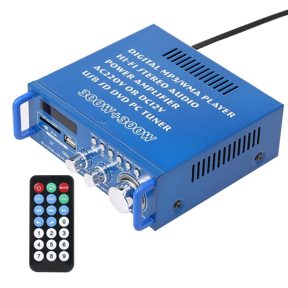 12V / 220V Mini Audio Power Amplifier BT Digital Audio Receiver AMP USB SD Slot MP3 Player FM Radio LCD Display with Remote Control Dual Channel 300W+300W for Car Home Use