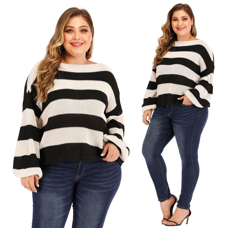 1712 L-2X Round Neck Lantern Sleeves Striped Plus Size Wool Sweater Blouse