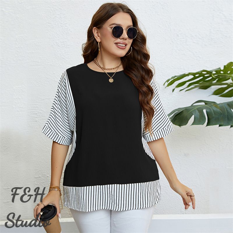 F&H 3412 XL-3XL Plus Size Striped Fake Two Pieces Top Black