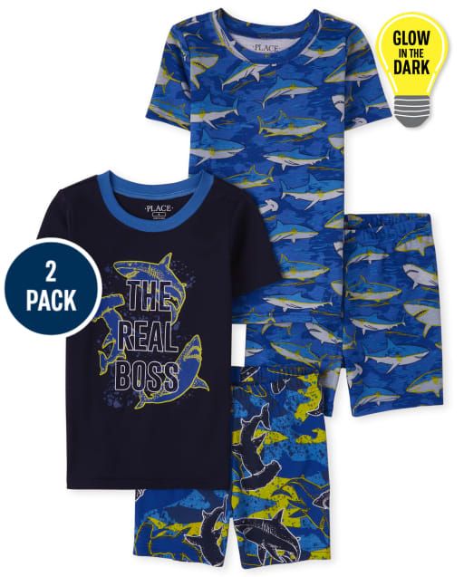 Boys Glow Shark Snug Fit Cotton Pyjamas 2-Pack