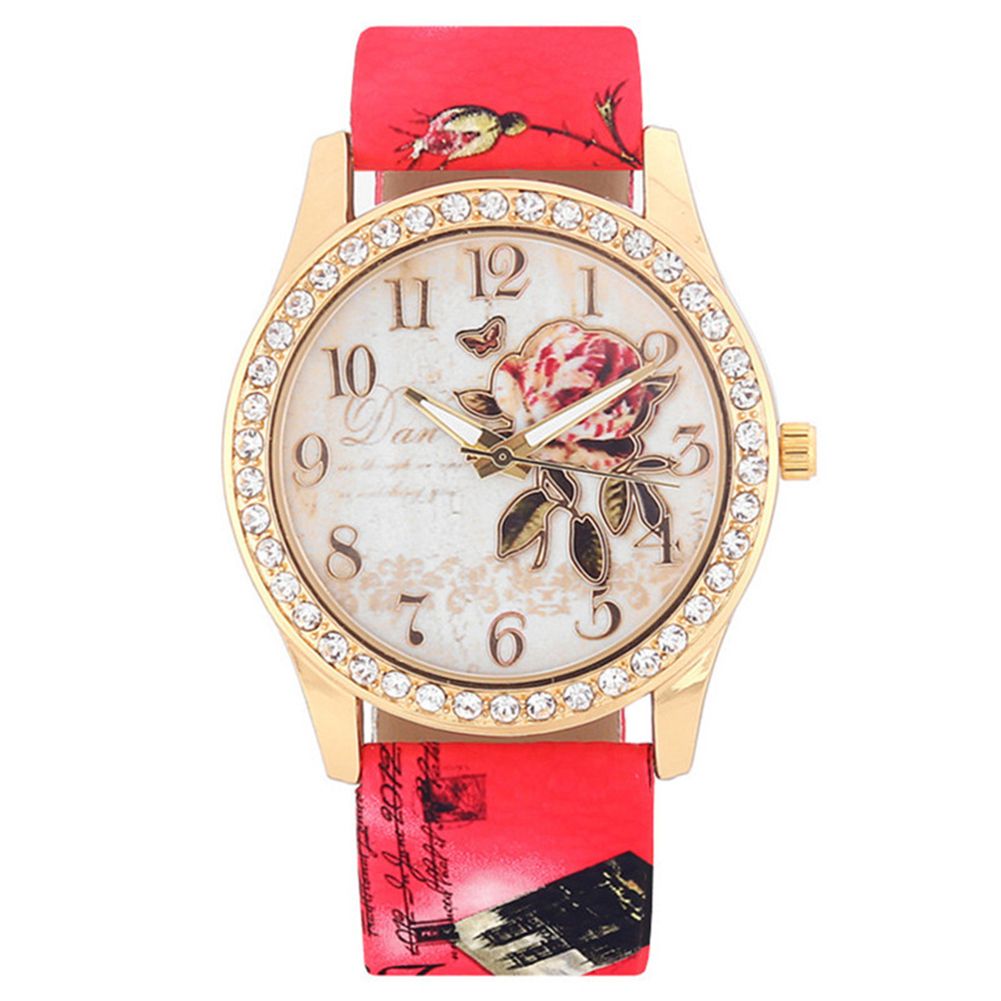 Fashion Women Rhinestone Wrist Watch Casual Rose Pattern-Red