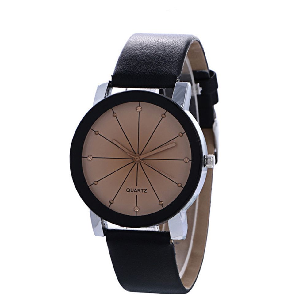 Men Women Faux Leather Band Wristwatch Round-Black White