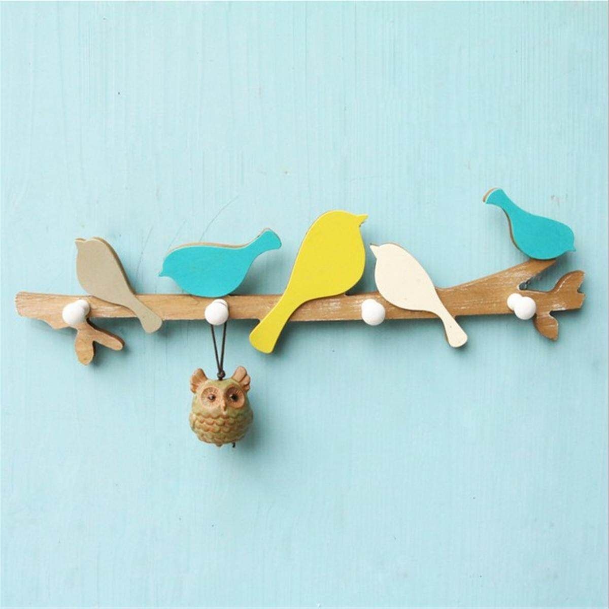 Wooden Bird Wall Hanger Hook Rack Clothes Hat Key Organizer Home Art Room Decor Multicolor