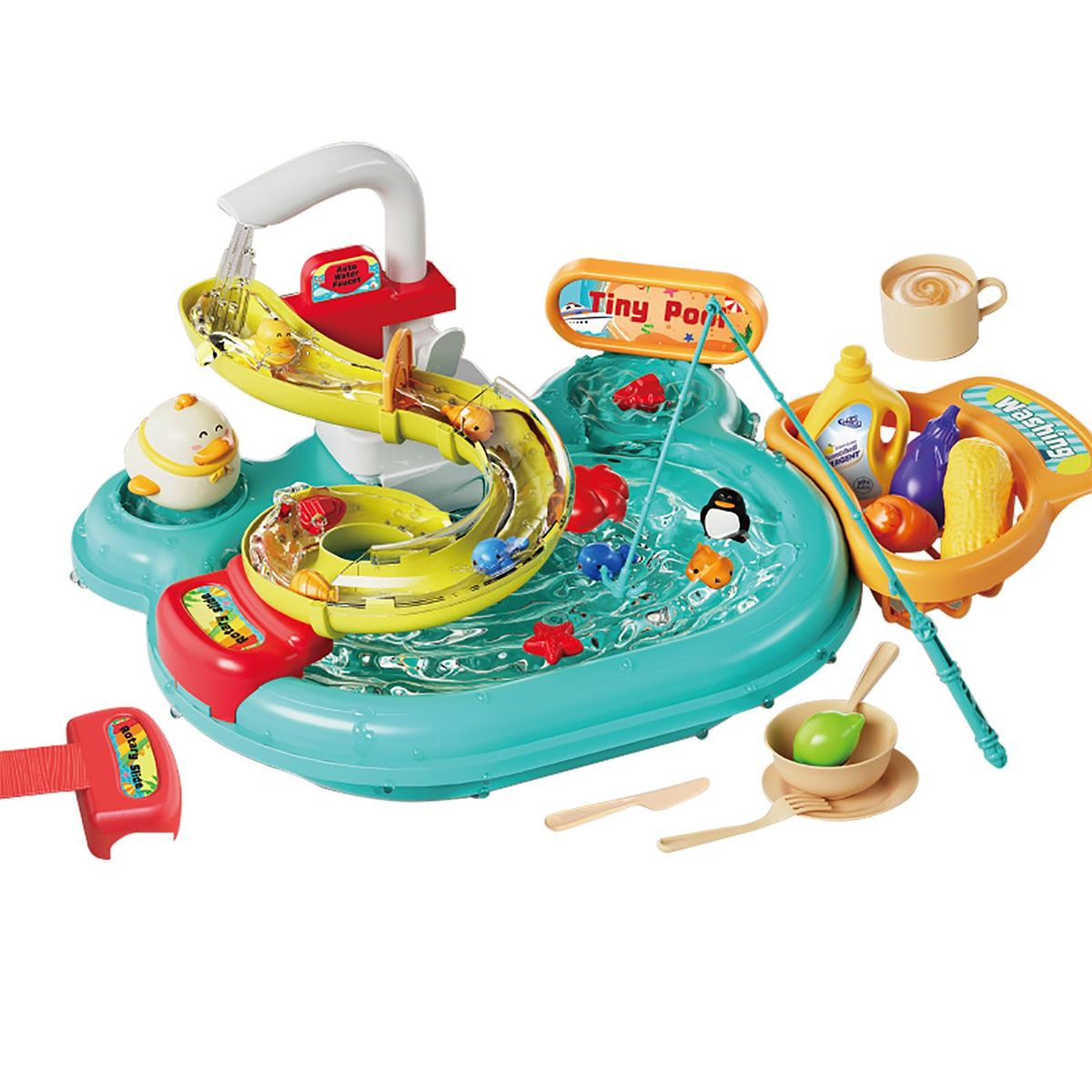 Multi-function Toddler Toy Sink 2-in-1 Kitchen Toys Electric Dishwasher with Running Water Pretend Role Play Toys for Kids with A Water Slide 22pcs Kitchen Accessories 180°Rotatable Water Faucet