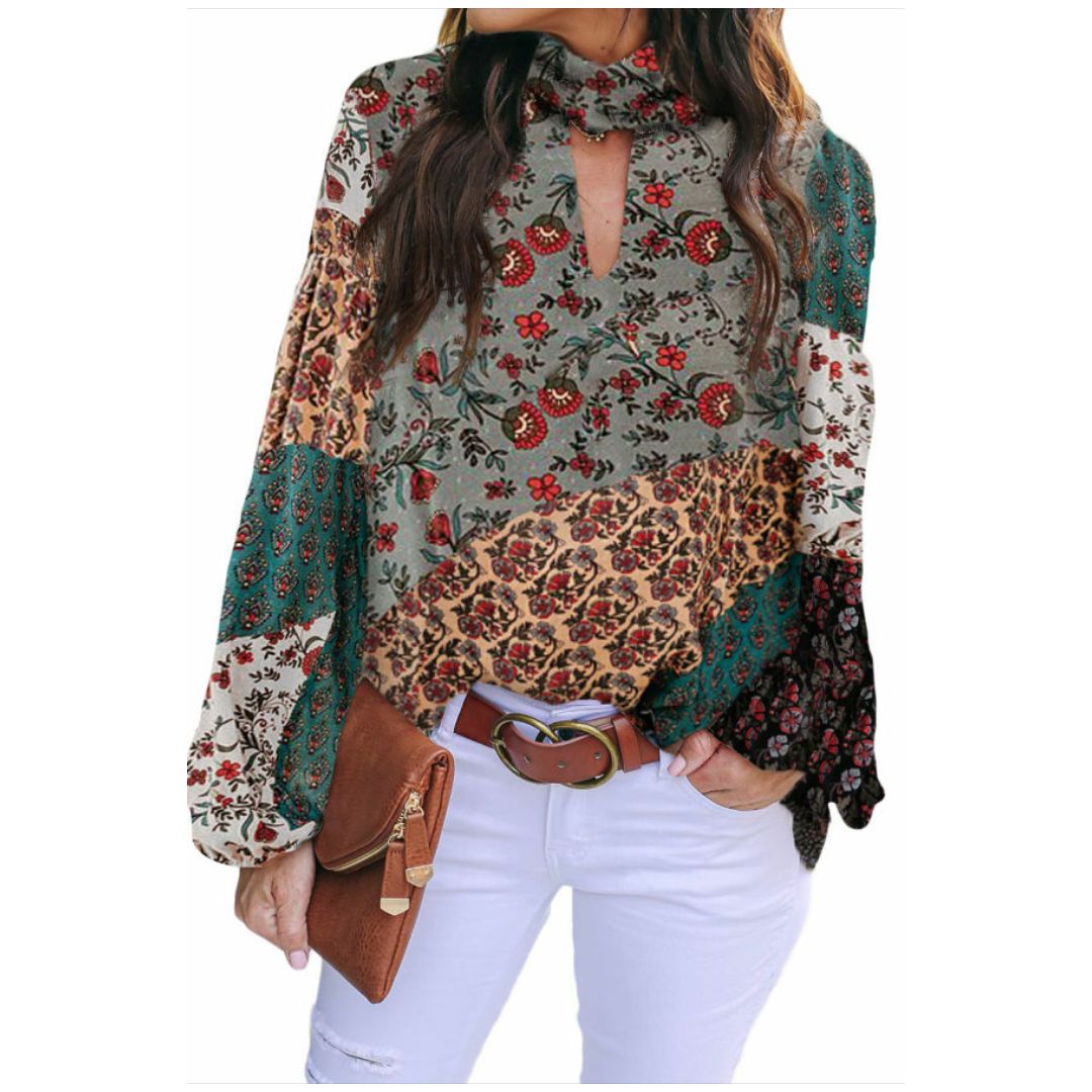 Mfed Multicolor Keyhole Mix Print Mock Neck Blouse