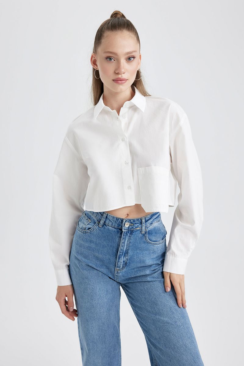 Woman Regular Fit Shirt Neck Woven Long Sleeve Shirt - White